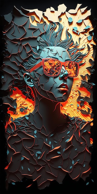 Un póster de una mujer con gafas de sol y un fondo rojo.
