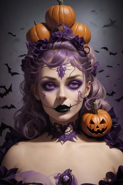 Un póster de una mujer hermosa con un disfraz de Halloween y calabazas de Halloween.