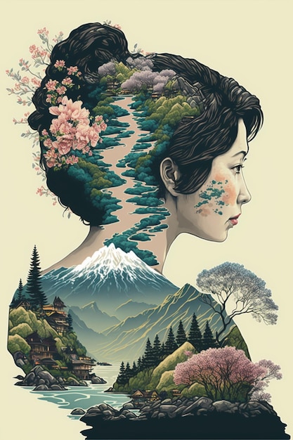 Un póster para una mujer japonesa con una foto de la cabeza de una mujer y las palabras "Japón" en la parte inferior.
