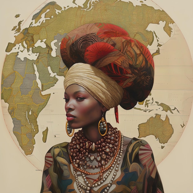 un póster de una mujer con un mapa del mundo en él