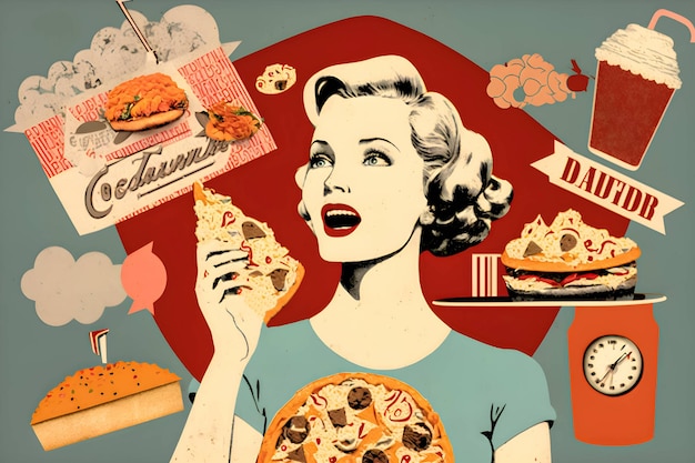 Un póster de una mujer con una pizza.