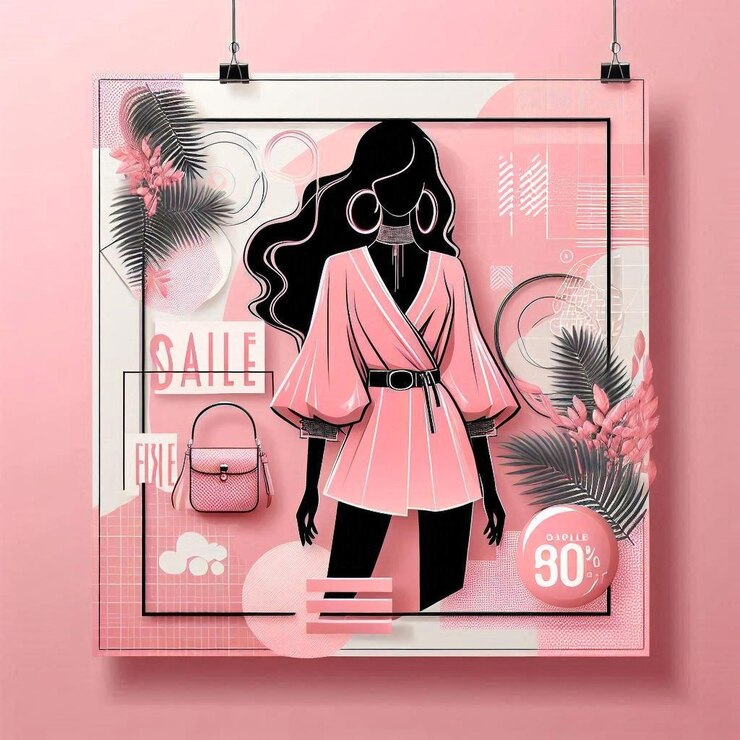 un póster de una mujer con un vestido rosa en él
