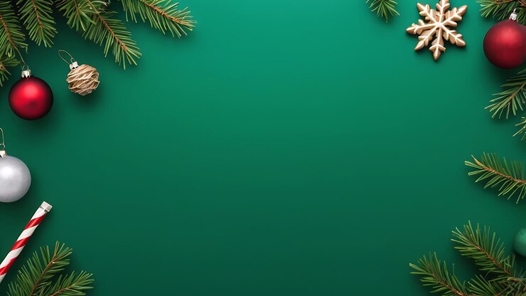 Poster de Navidad verde oscuro con ramas de árboles, adornos y espacio para saludos estacionales