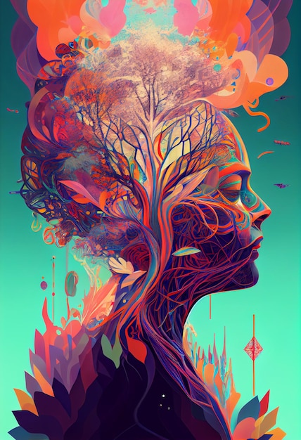 Un póster de una niña con un árbol en la cabeza.