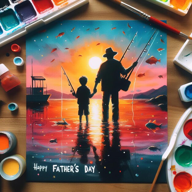 Foto un póster de padre e hijo en una mesa con una puesta de sol en el fondo