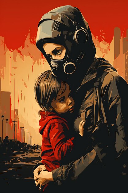 Poster de padres protegiendo a sus hijos de los gases lacrimógenos con un vector de policía de disturbios 2D Dsign Palestine