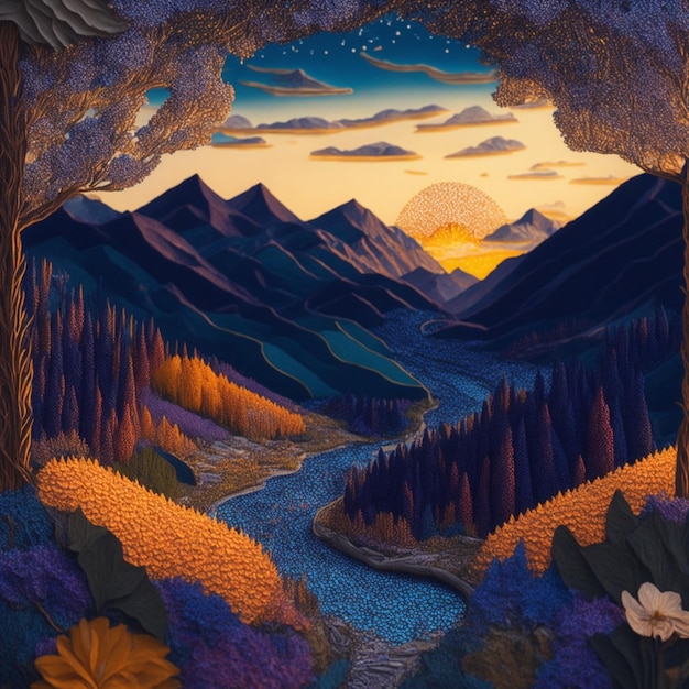 Pôster Paisagem de fantasia de quilling de papel inspirada em Van Gogh