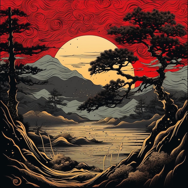 Un póster de un paisaje japonés con un cielo rojo y el sol detrás.