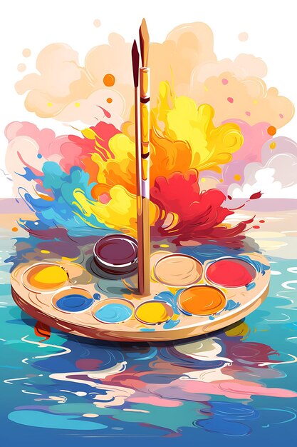 Poster de paleta de pintura con colores vibrantes y pinceles Rainbow C 2D Flat Art Diseño creativo