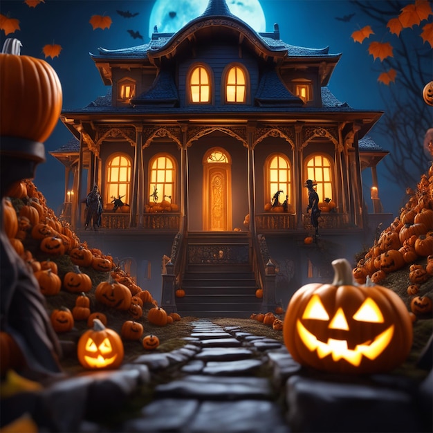 Un póster de película de una película de animación 3D con clasificación G Monstruos de Halloween Una casa encantada en el fondo