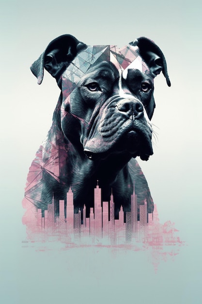 Un póster para un perro con una ciudad al fondo.