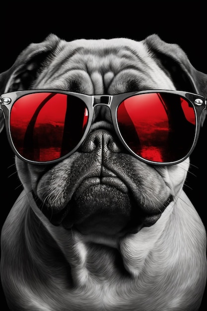 Un póster de un perro con gafas de sol rojas que dice pug.