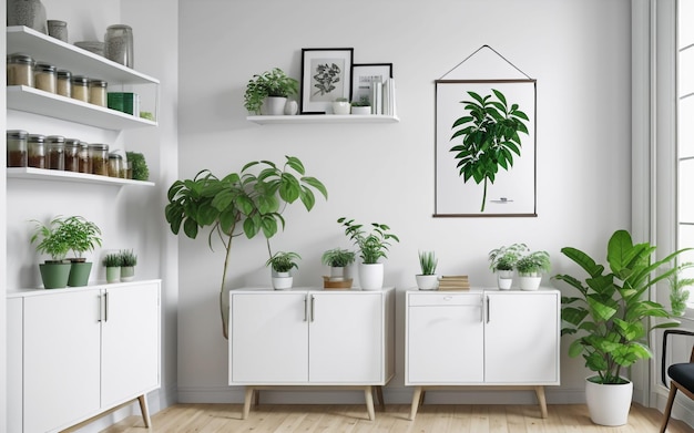 Póster y planta de serenidad y estilo adornan la sala de estar blanca con un amplio espacio para copiar de forma realista