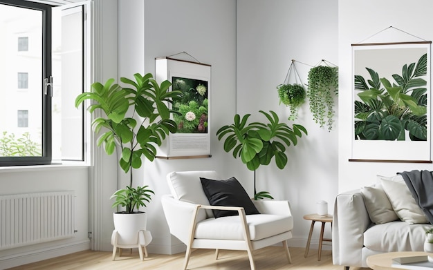 Póster y planta de serenidad y estilo adornan la sala de estar blanca con un amplio espacio para copiar de forma realista