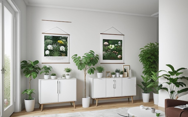 Póster y planta de serenidad y estilo adornan la sala de estar blanca con un amplio espacio para copiar de forma realista