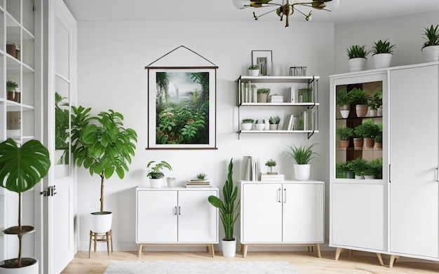 Póster y planta de serenidad y estilo adornan la sala de estar blanca con un amplio espacio para copiar de manera realista