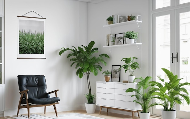 Póster y planta de serenidad y estilo adornan la sala de estar blanca con un amplio espacio para copiar de manera realista