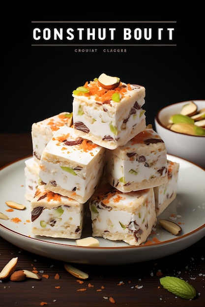 Poster de plato de barfi de coco con copos de coco y pistachos Celebraciones indias Culinaria de estilo de vida