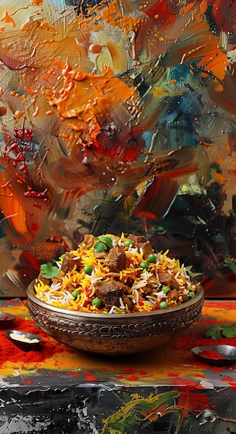 Foto poster de plato de biryani de carne de cordero con hilos de azafrán e ilustración de carne de cordero alimentos bebidas sabores indios