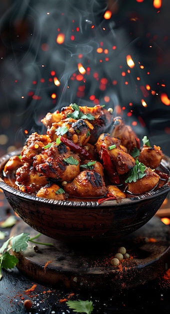 Poster de plato de pollo Tandoori con horno Tandoor y especias Ru Ilustración de comida bebida sabores indios