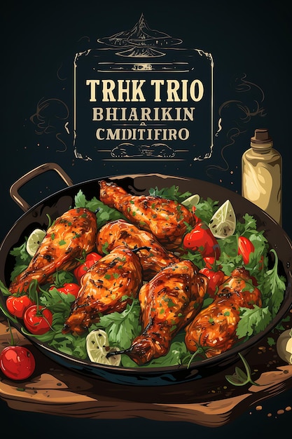 Póster de plato de pollo tikka con horno tandoor y especias Vibra celebraciones indias Cocina de estilo de vida