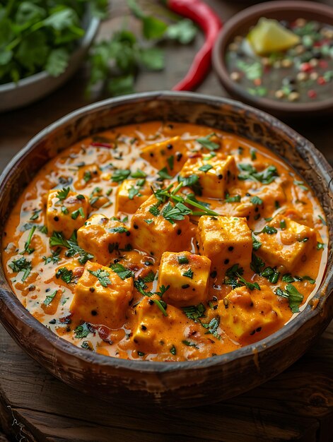 Foto poster del plato de shahi paneer con salsa cremosa y cubos de paneer ilustración de comida bebida sabores indios