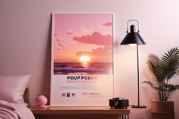 Poster-PSD-Mockup mit rosa Sonnenuntergang-Projektorlampe