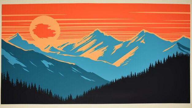 Foto el póster de puesta de sol de la montaña vintage parque nacional olímpico de la década de 1970