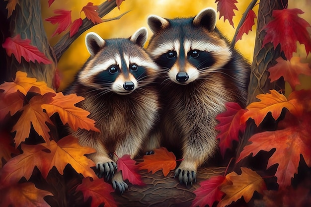 Poster Raccoon in Autumn forest Conceito de animais Ilustração de IA gerativa