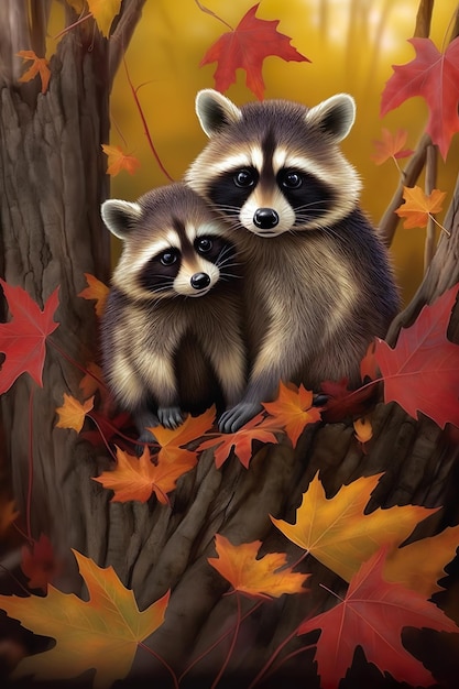 Poster Raccoon in Autumn forest Conceito de animais Ilustração de IA gerativa