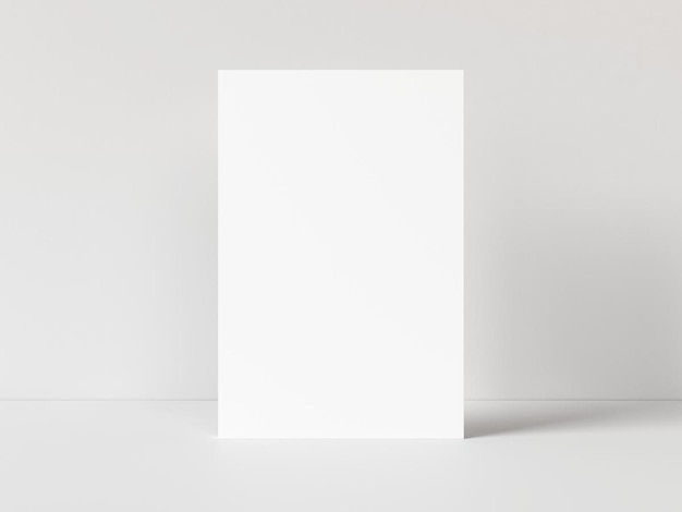 Un póster de rectángulo vertical en blanco sobre una mesa blanca con ilustración 3D de fondo blanco