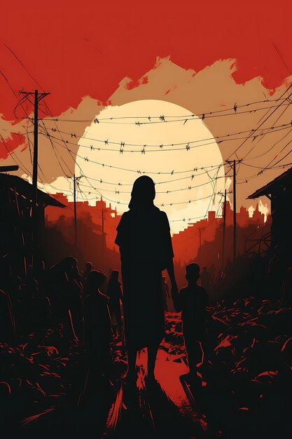 Poster de refugiados palestinos en un campamento abarrotado con alambre de púas y Vector 2D Dsign Palestina