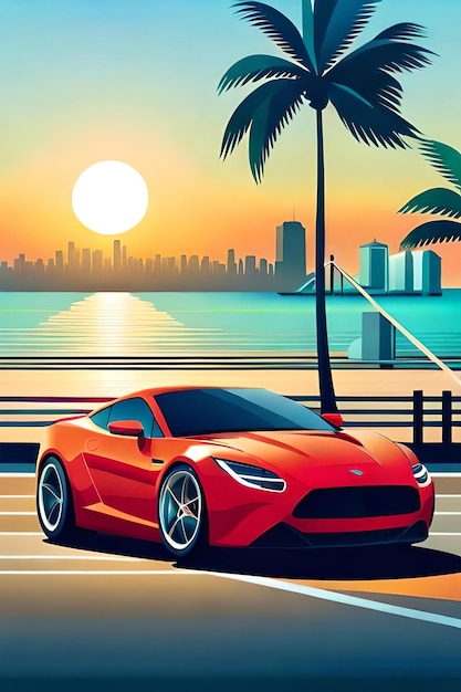 Pôster retrô de carro esportivo na praia de Miami