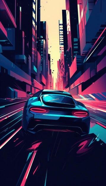 Un póster para la revista Speed que muestra un automóvil conduciendo por una ciudad.