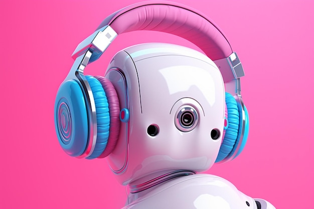 Un póster de un robot con auriculares rosas.