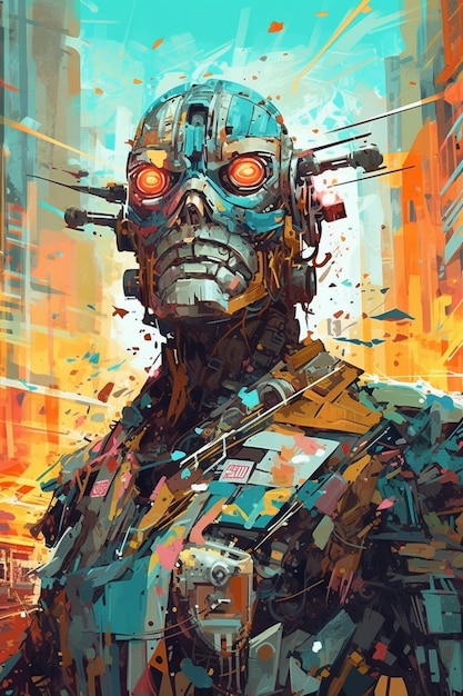 Un póster de un robot con una cara que dice 'terminator'