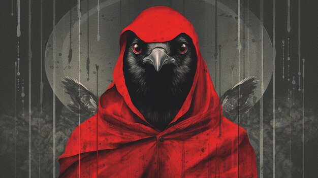 Un póster rojo y negro de un pájaro con capucha roja.