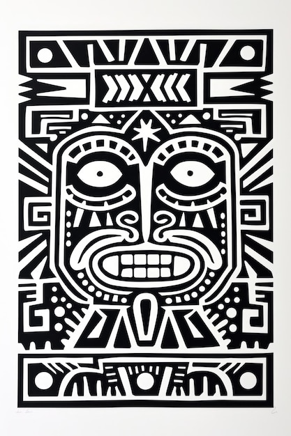 Poster de sello vintage de estilo linocuto pintado con tinta de adorno azteca