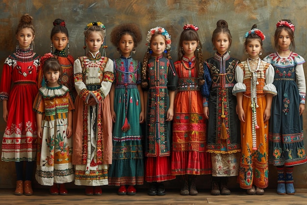 Foto poster-serie mit traditionellen outfits aus der ganzen welt für die multikulturelle feier des martisors