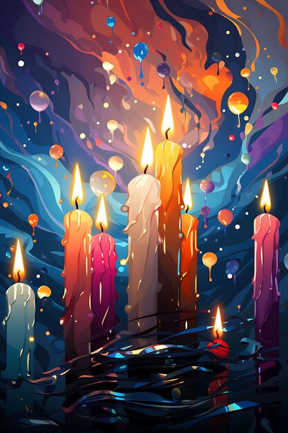 Foto poster de una serie de velas multicolores de varios tamaños vibrantes y velas e con diseños planos 2d
