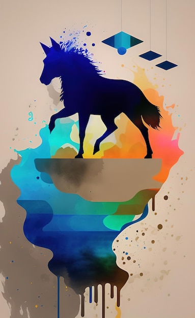 Un póster con la silueta de un caballo en azul y naranja.