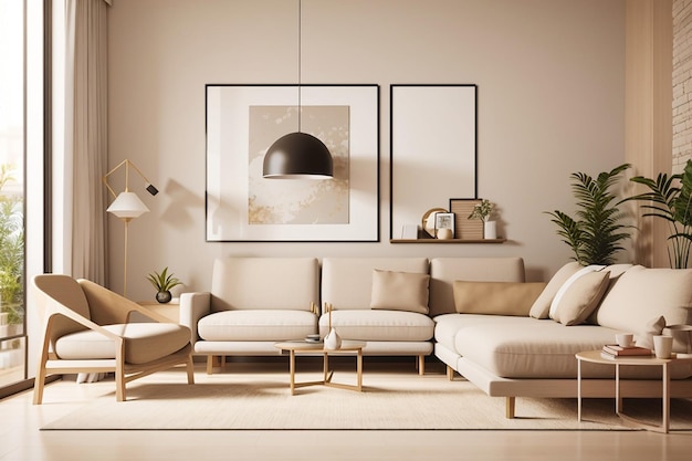 Póster simulado en el diseño interior de una sala de estar moderna con paredes vacías de color beige, representación 3d