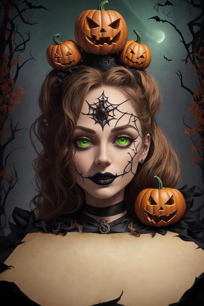Poster de terror hermosa bruja con calabazas en la cabeza copia del concepto de Halloween en el espacio