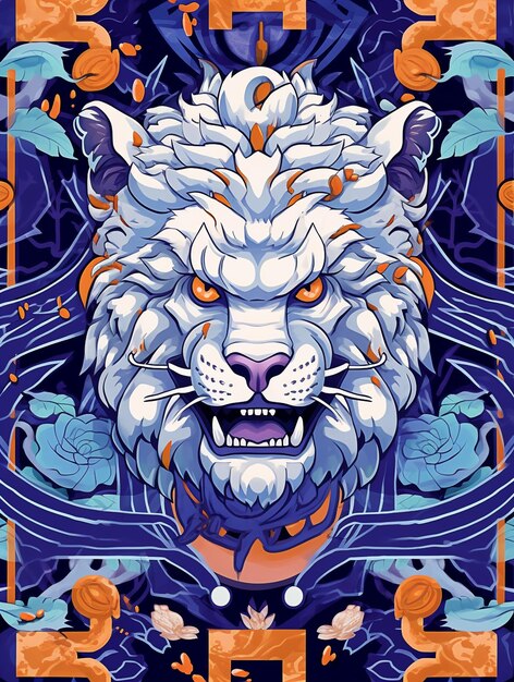 Un póster de un tigre con cara azul y naranja.