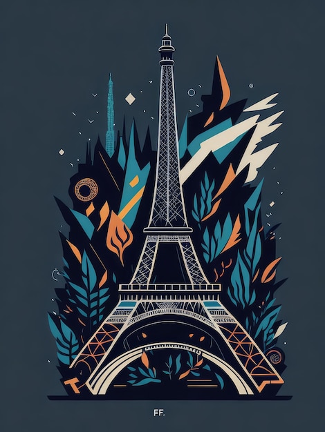 Un póster de la torre eiffel con un fondo azul y las palabras torre eiffel en el medio.