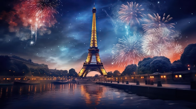 Poster de la Torre Eiffel en la noche con fuego Visión de trabajo en la celebración de Año Nuevo