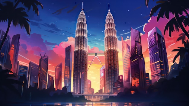 Poster de las torres gemelas de Malasia en el día de la noche con vista al cielo oscuro