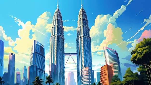 Foto poster de las torres gemelas de malasia en un día soleado con vista al cielo azul