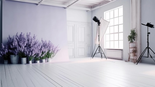 Poster über einem weißen Schrank mit Pflanze neben einem lila Sofa in einem schlichten Wohnzimmer mit lila Sofa