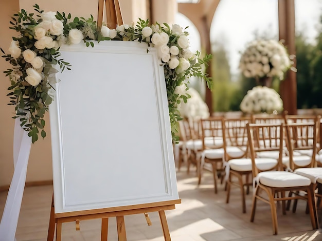 Poster vazio vertical branco na cerimônia de casamento